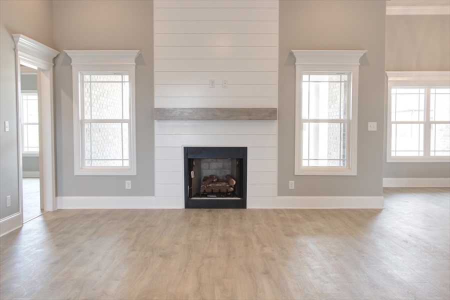 Shiplap to Ceiling Stained Block Mantel